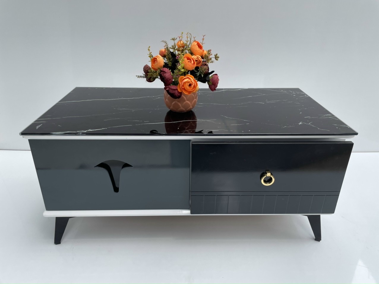 Bàn trà mặt kính Tundo mẫu mới 2023 kèm hộc kéo tiện lợi KT50x100x45cm