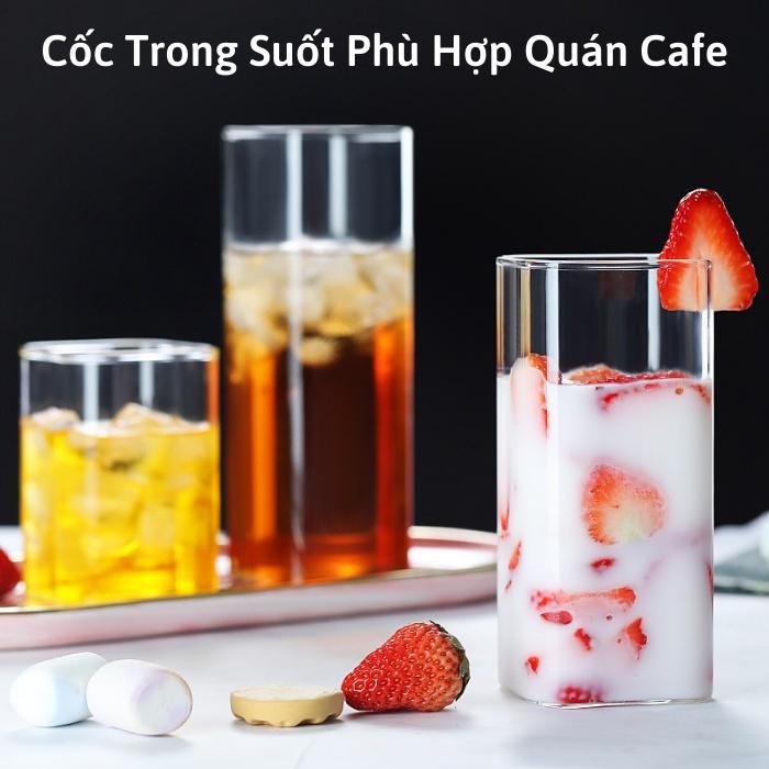 Ly thủy tinh vuông trong suốt uống nước cute chịu nhiệt pha cafe sinh tố, Cốc thủy tinh vuông dễ thương cocktail