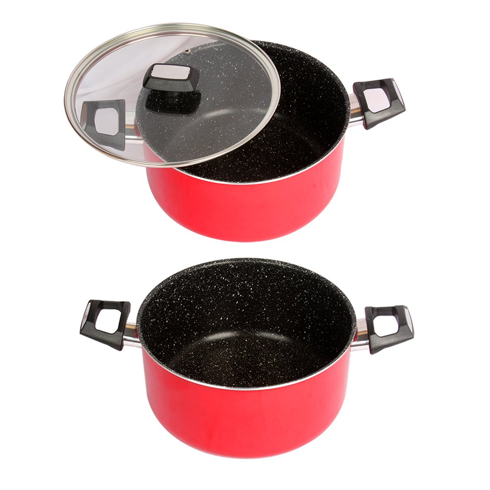 Combo 2 món cao cấp Hàn Quốc, nồi chống dính vân đá Kimscook, quai chống nóng, nắp kính cường lực viền inox size 24 cm và Chảo đúc chống dính Ecoramic Megastone cao cấp sâu lòng màu mận tím 28 cm, dùng bếp gas, hồng ngoại, ... Hàng chính hãng
