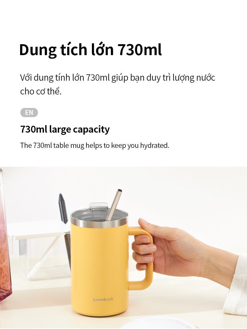 Ly giữ nhiệt LocknLock Flat Table Mug LHC4320 730ML, Hàng chính hãng, có tay cầm, miêng rộng - JoyMall