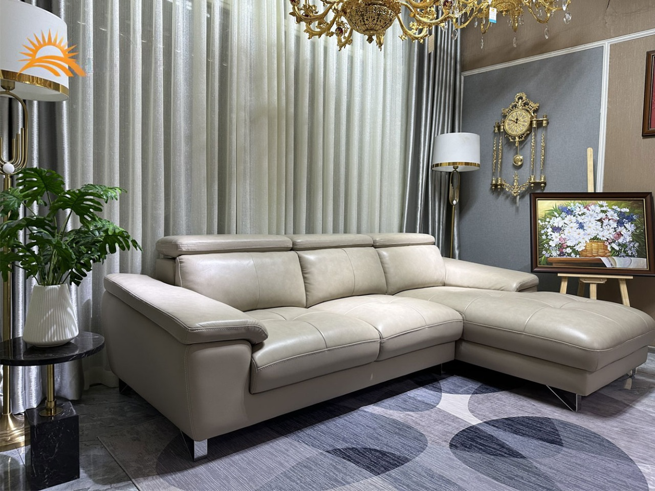 Sofa góc L da bò Italy Juno sofa màu kem – SFLCT10 2m6 x 1m6 hàng cao cấp chuẩn da bò nhập khẩu Ý