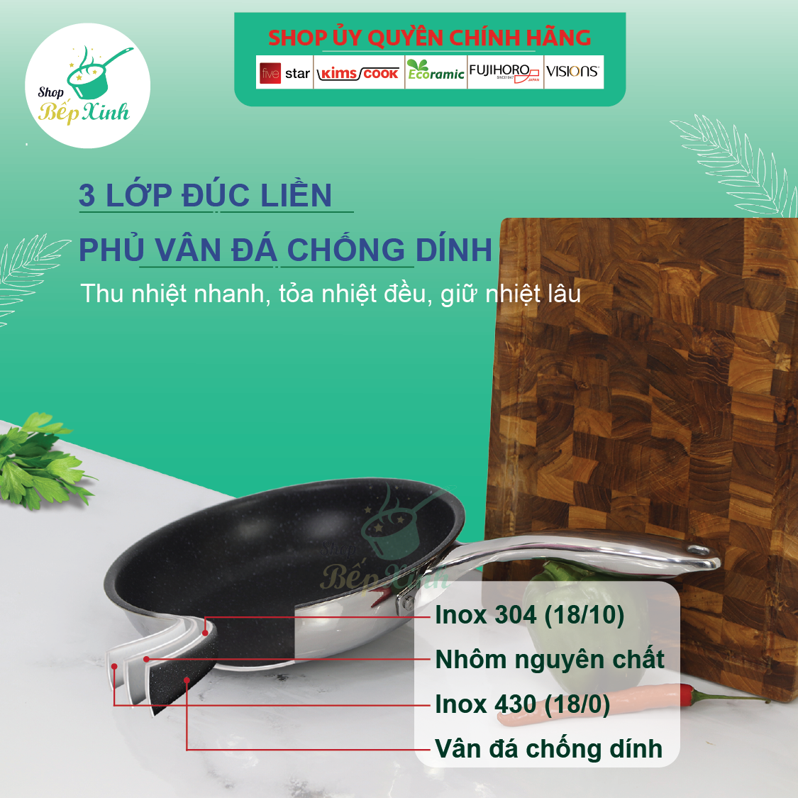 Chảo Chống Dính 3 Lớp Vân Đá Inox 304 Và Nắp Kính Fivestar (24cm)