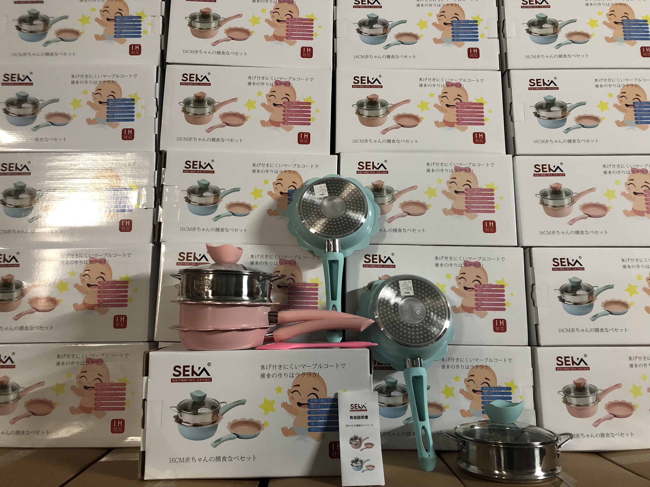 Bộ nồi chảo đá hình hoa cho bé ăn dặm cao cấp chống dính kèm lồng hấp nấu chế biến đồ gia đình dùng được bếp từ