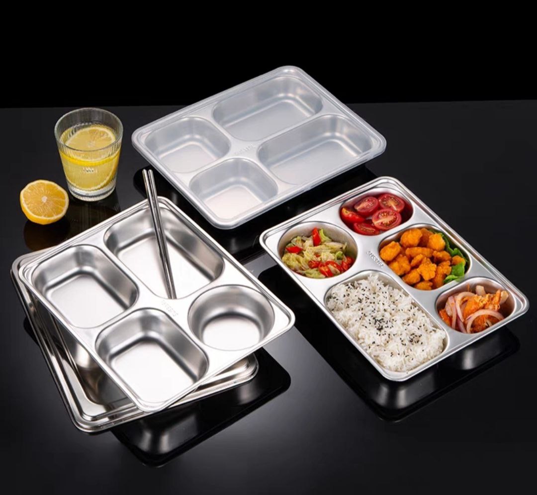 Khay Đựng Cơm Thức Ăn Inox 5 Ngăn Và 4 Ngăn sâu lòng - Khay Cơm Inox 304 ( Tùy Chọn Nắp Khay )