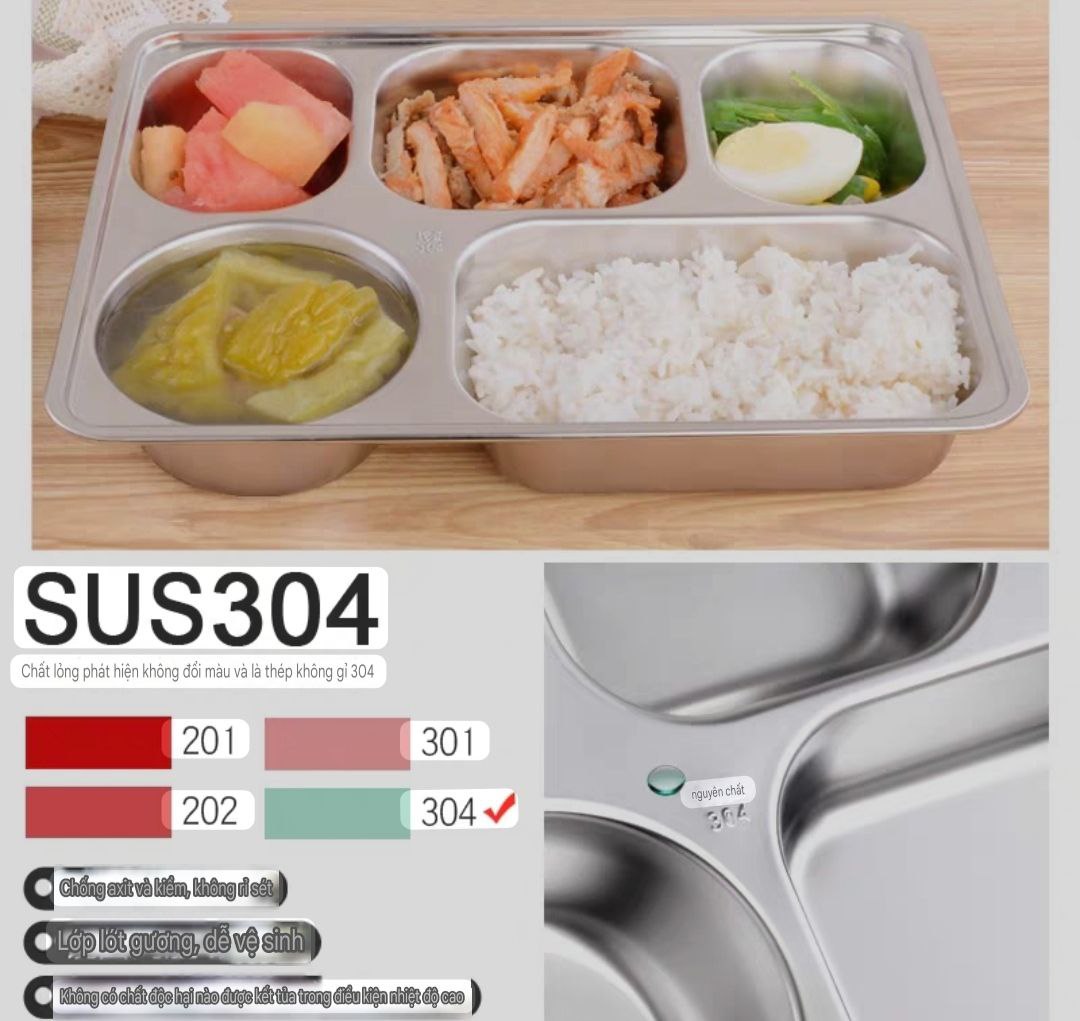 Khay Đựng Cơm Thức Ăn Inox 5 Ngăn Và 4 Ngăn sâu lòng - Khay Cơm Inox 304 ( Tùy Chọn Nắp Khay )