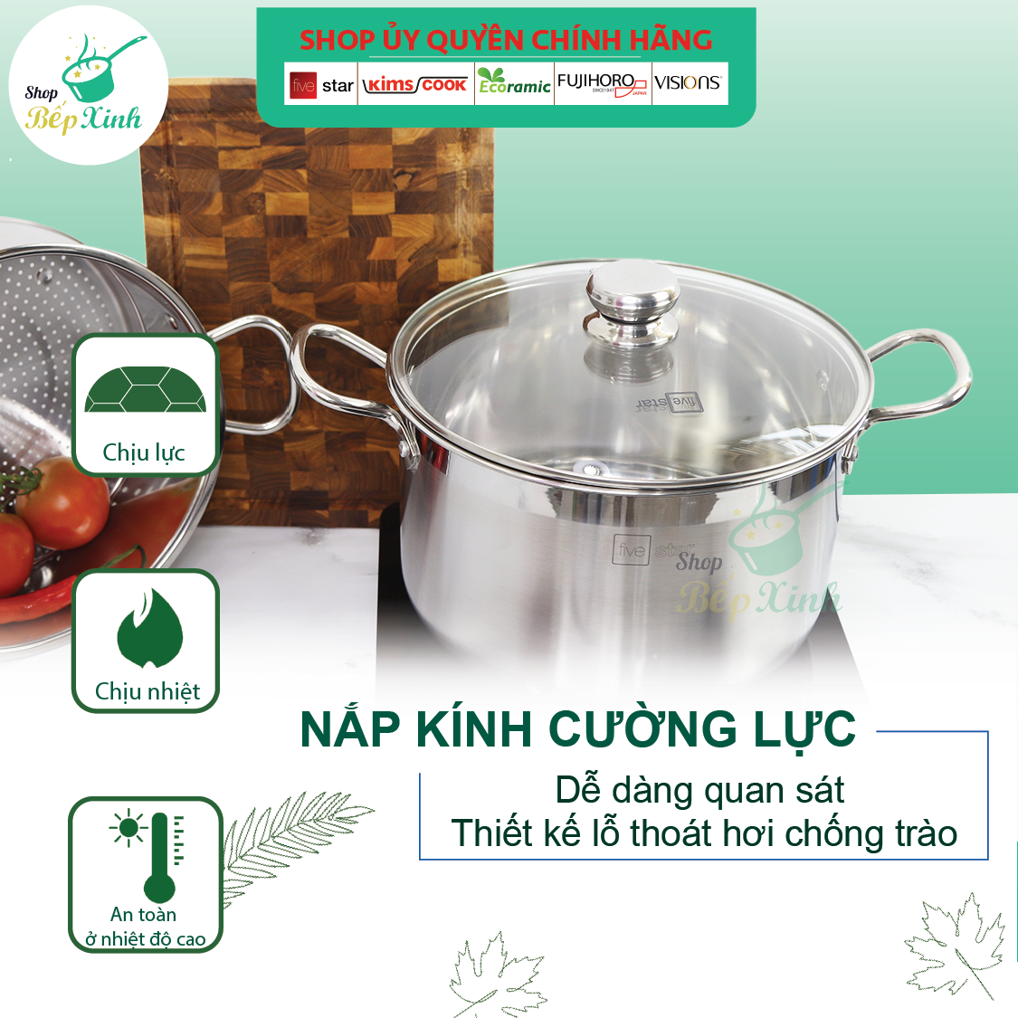 Bộ nồi xửng hấp inox 3 đáy bếp từ Fivestar 28 cm nắp kính