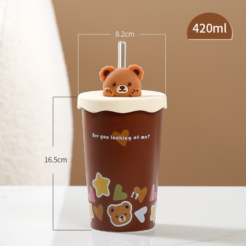 Ly Gốm Sứ Gấu dễ thương 420ML kèm Nắp silicon và Ống hút thủy tinh