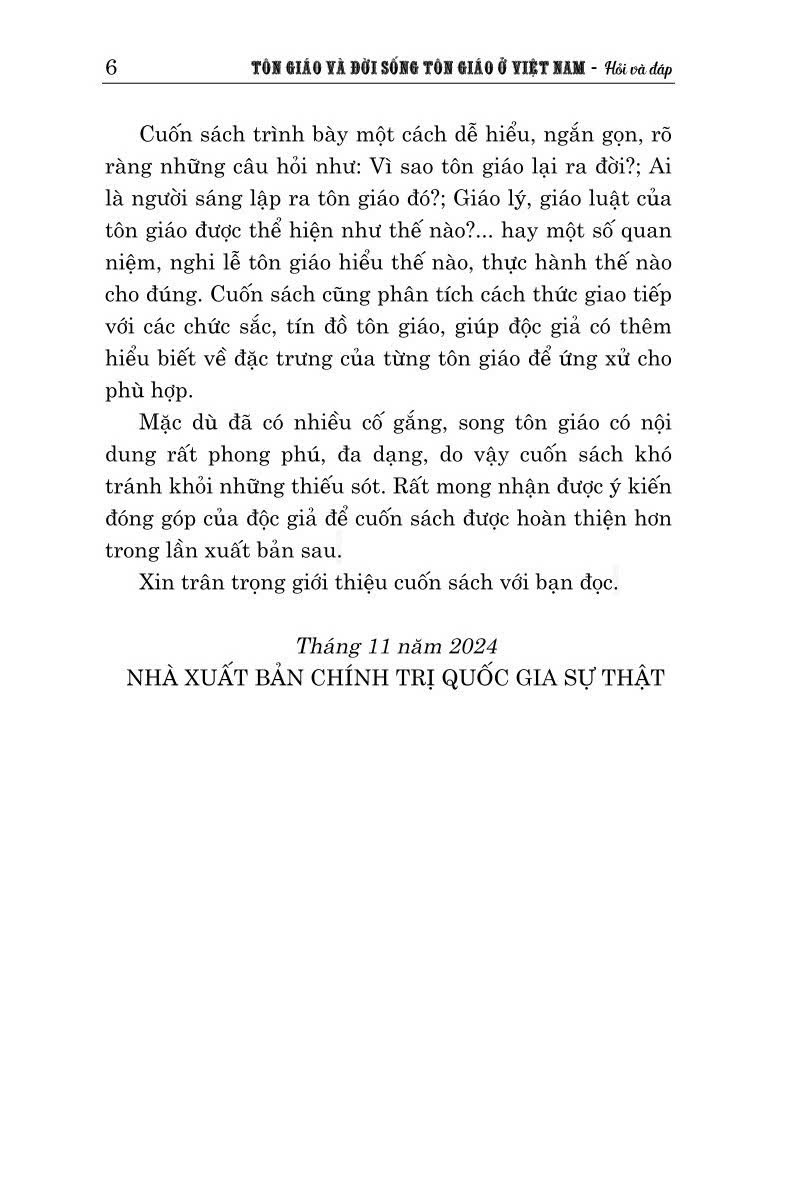Tôn giáo và đời sống tôn giáo ở Việt Nam - Hỏi và đáp, tác giả Nguyễn Thái Bình và Đỗ Thị Thanh Hương (bản in 2024)