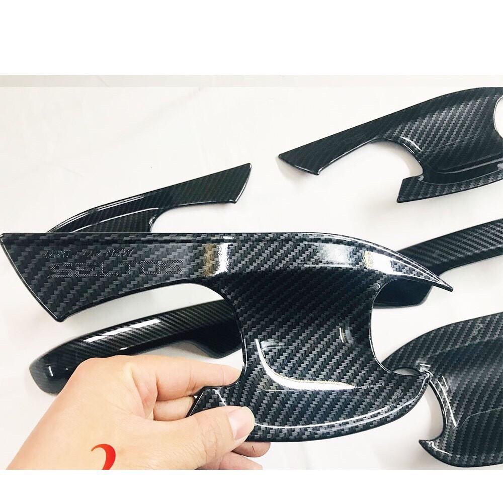Ốp tay nắm, hõm, chén cửa CACBON xe Kia Seltos 2020- 2021 chất liệu CARBON cao cấp