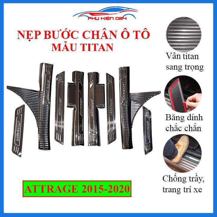 Bộ ốp bậc cửa trong ngoài nẹp bước chân Attrage 2015-2016-2017-2018-2019-2020 vân Titan chống trầy trang trí xe