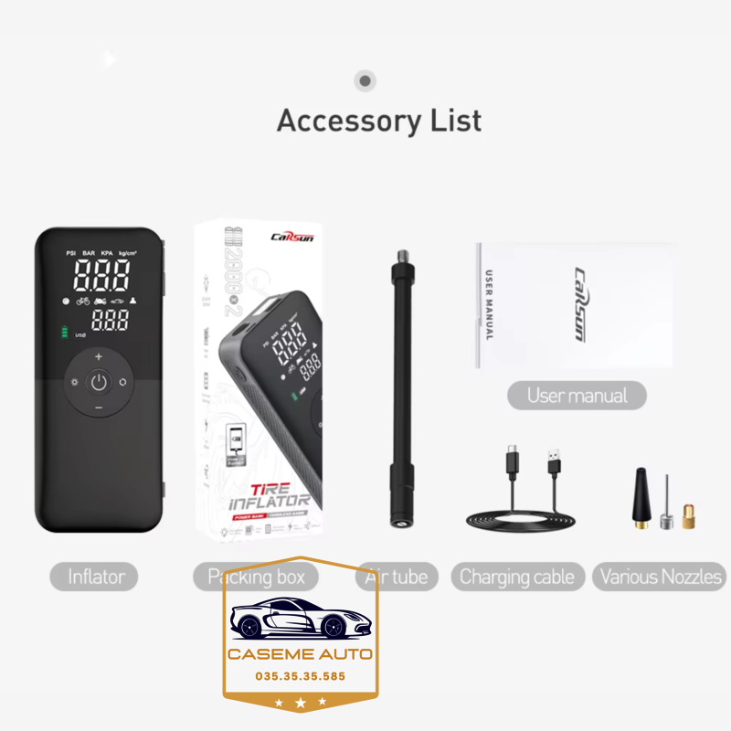 Máy Bơm Lốp Mini Cầm Tay CARSUN C3106 – Pin 4000mAh, Bơm Không Dây, Công Suất 40W, Tích Hợp Đèn LED & Sạc Dự Phòng