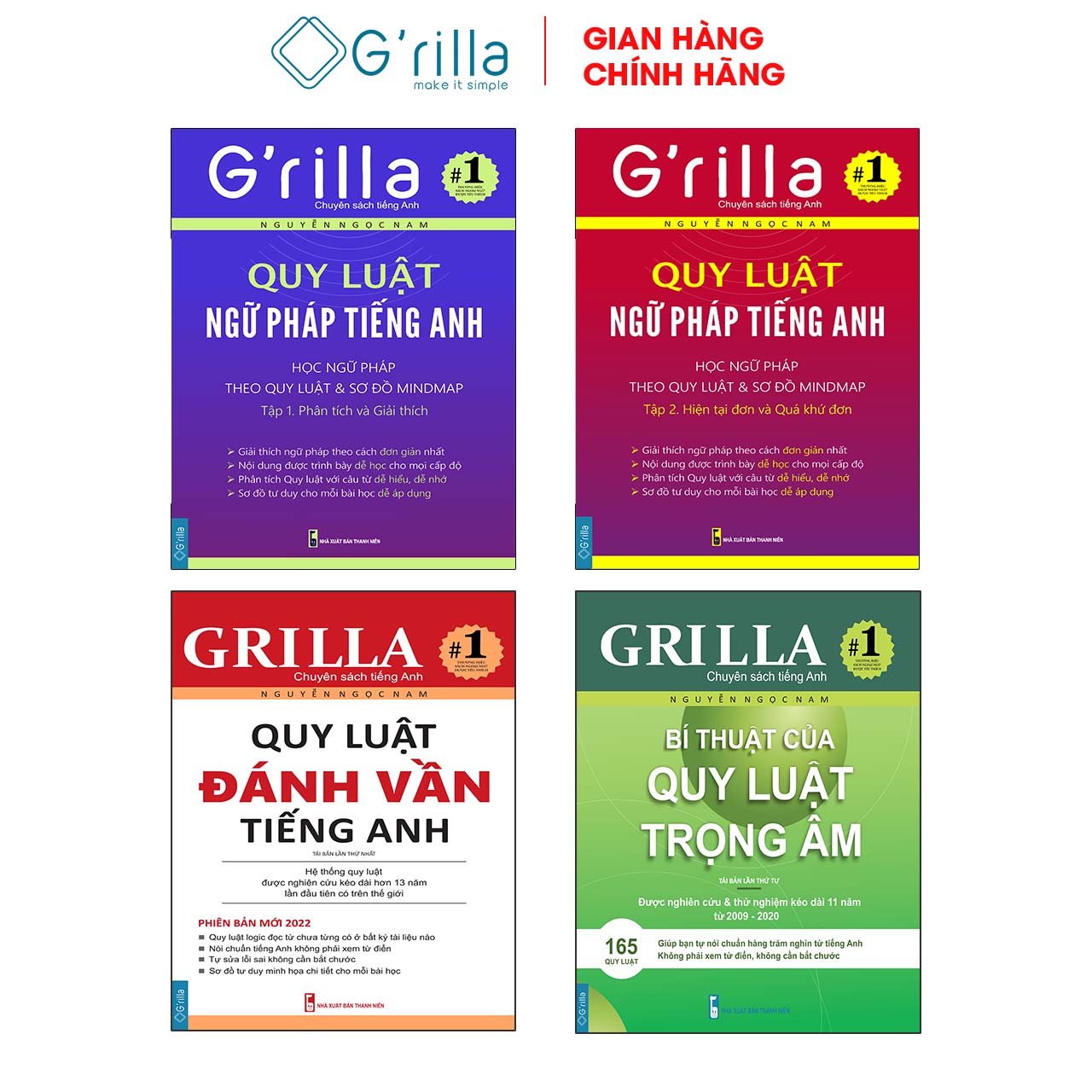 Sách - Combo 4 Quy luật đánh vần tiếng Anh, Bí thuật trọng âm và Ngữ pháp theo quy luật 1 & 2 GRILLA