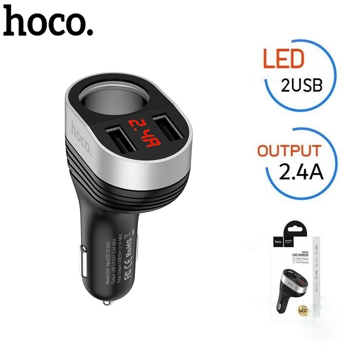 Bộ chia tẩu sạc dùng cho ô tô, xe hơi nhãn hiệu Hoco Z29, Đầu vào: DC12 - 24V, Đầu ra: USB1/2DC5V/2.4A,ổng đầu ra 2 cổng USB: DV5V/3.1A Max , Đầu ra 2 lỗ tẩu sạc: 96W Max , Hàng nhập khẩu