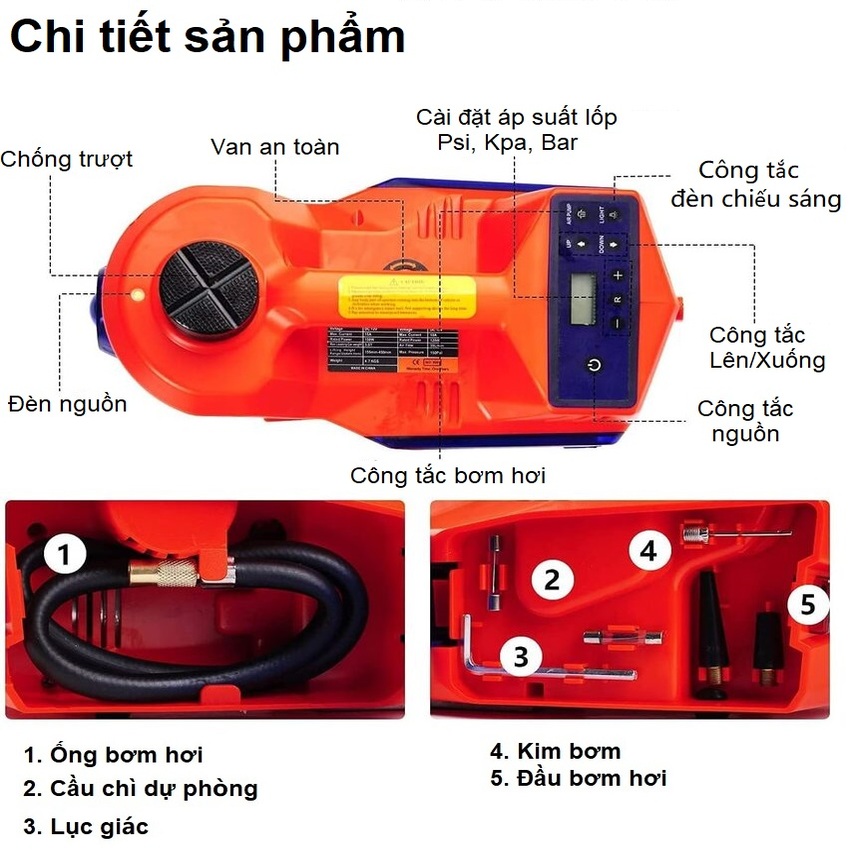 Bộ nâng kích gầm điện kiêm máy bơm lốp và máy siết ốc ô tô đa năng 3 trong 1 ROGTZ TY-004 Tải trọng 5 tấn - Hàng Nhập Khẩu