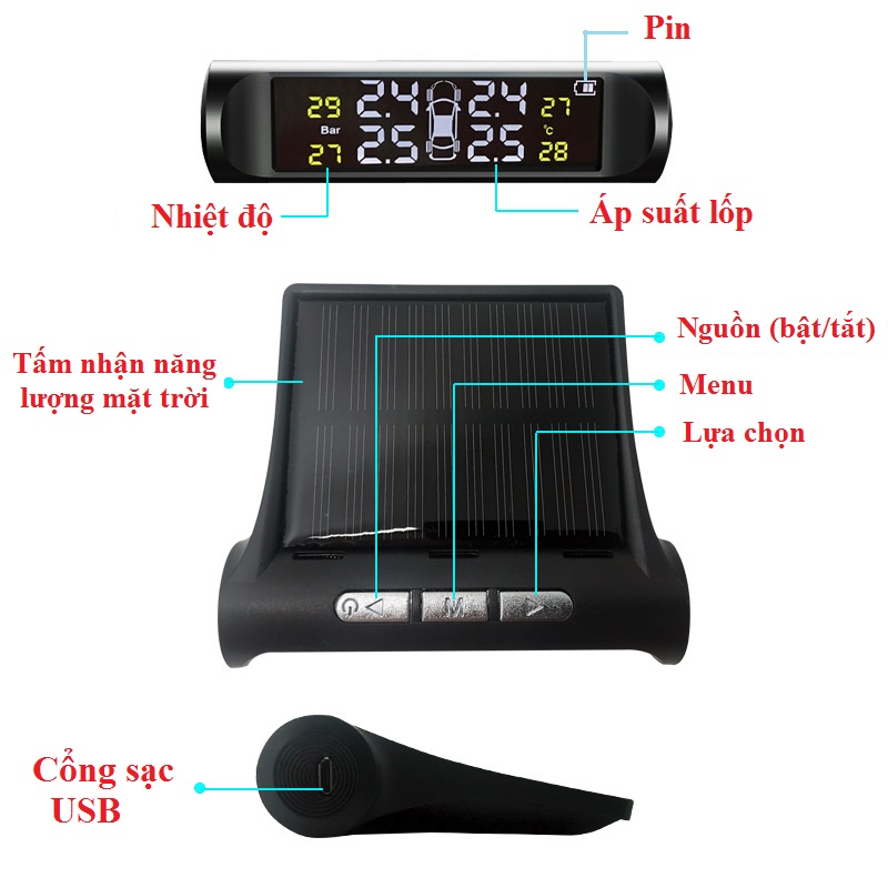 Cảm biến áp suất lốp ô tô VAN NGOÀI TPMS chống nước màn hình Led màu
