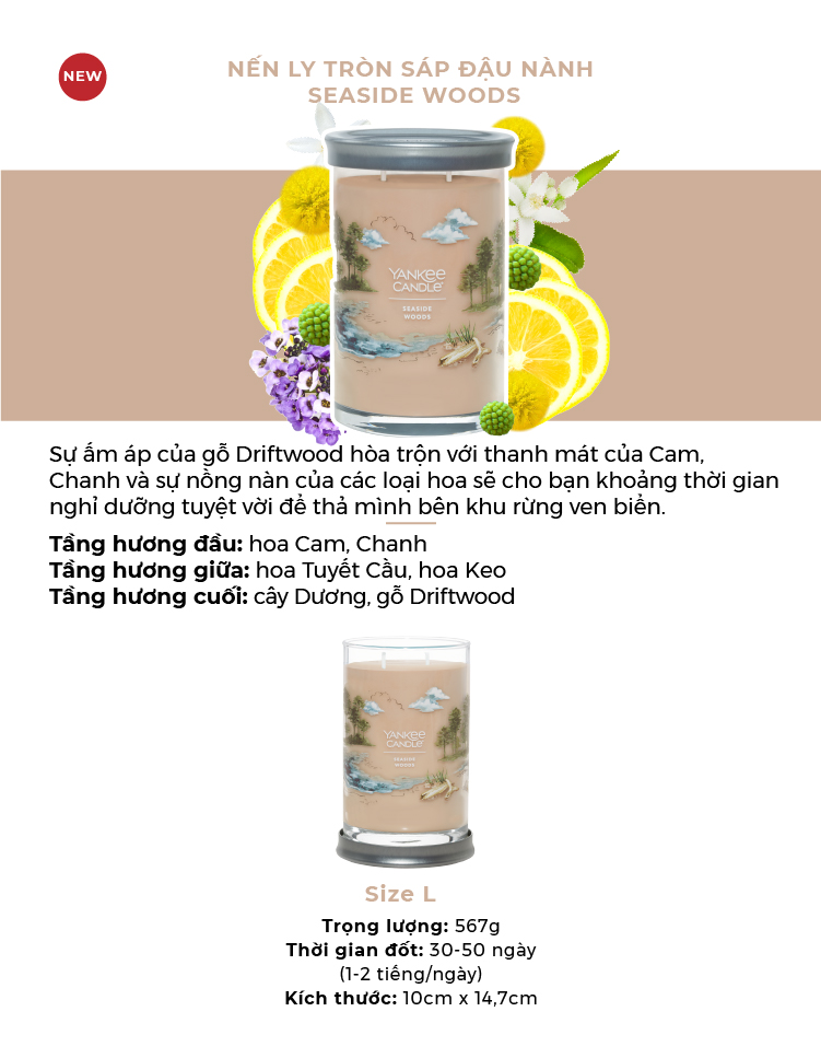 Nến ly tròn sáp đậu nành Yankee Candle size L (567g) - Seaside Woods