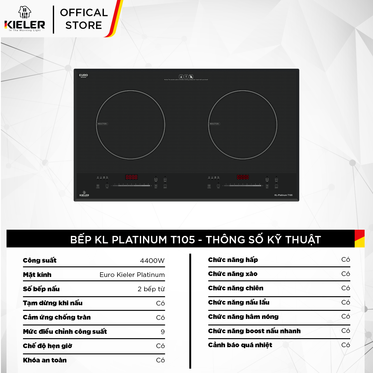 Bếp điện từ đôi Kieler KL-PLATINUM T105 mặt kính Euro Kieler Platinum, Bếp điện từ nhiều chế độ cảm ứng chống tràn 4400W - Hàng Chính Hãng