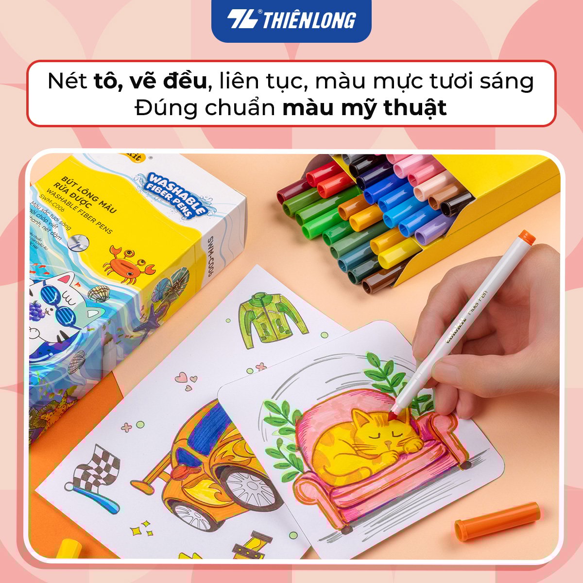 Bút Lông Màu Thiên Long Fiber Pen Washable SWM-C006 - 36 Màu- Viết Được Nét Mảnh Nét To- Mực rửa được