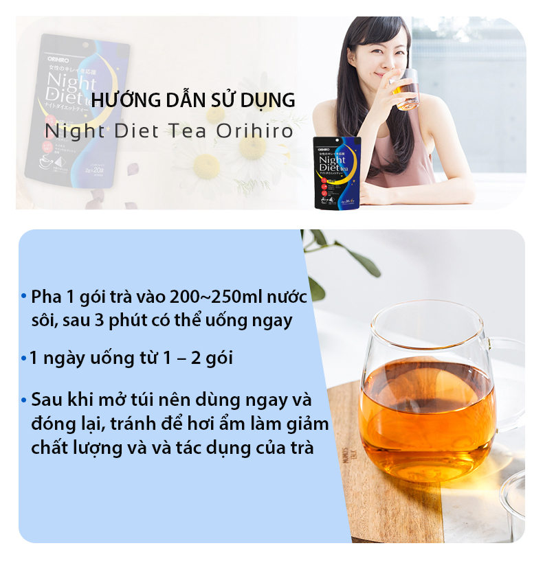 Trà đốt mỡ và kiểm soát cân nặng Night Diet Tea Orihiro Nhật Bản thải độc cơ thể, cải thiện chất lượng giấc ngủ gói 24 túi lọc JN-OR-NI01