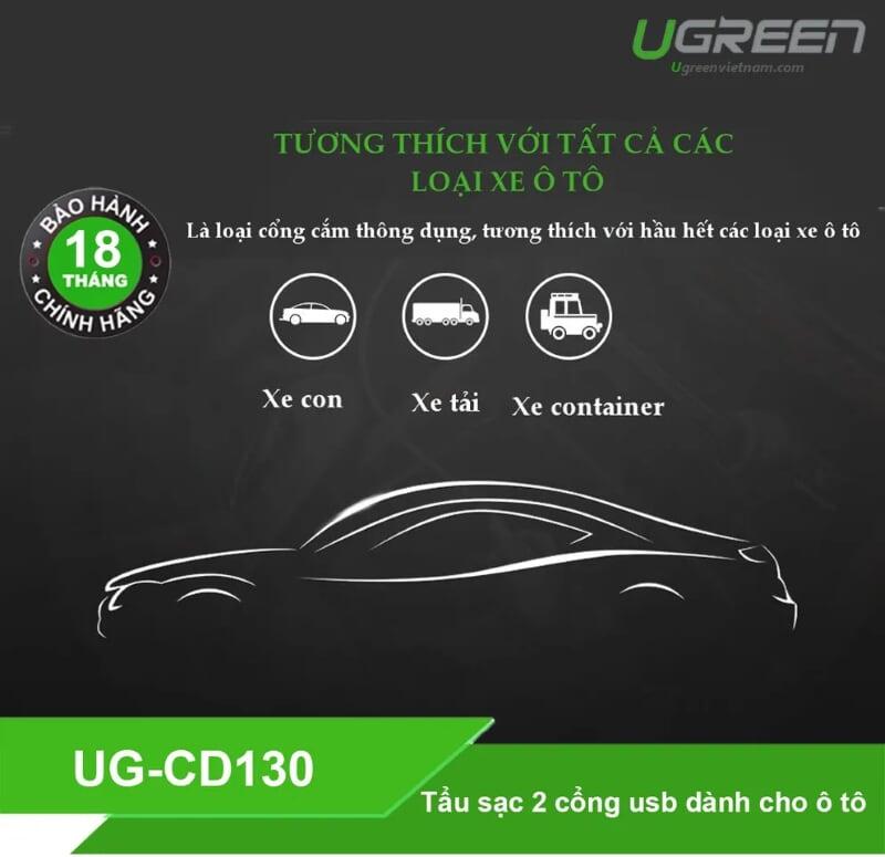 Ugreen UG30514CD130TK 48W màu Vàng Bộ sạc ô tô 2 cổng USB 2.4A + QC 3.0 - HÀNG CHÍNH HÃNG