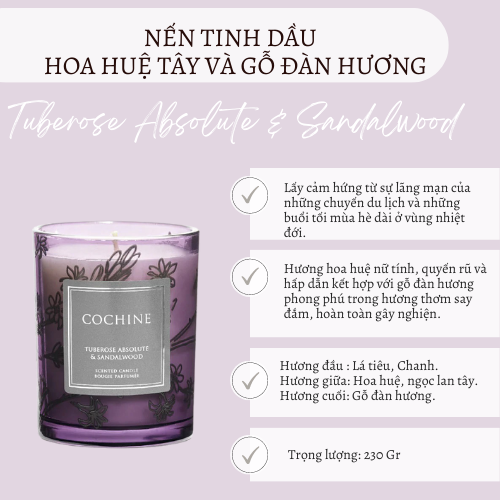 Nến thơm tinh dầu Cochine Saigon hương hoa huệ tây và gỗ đàn hương.