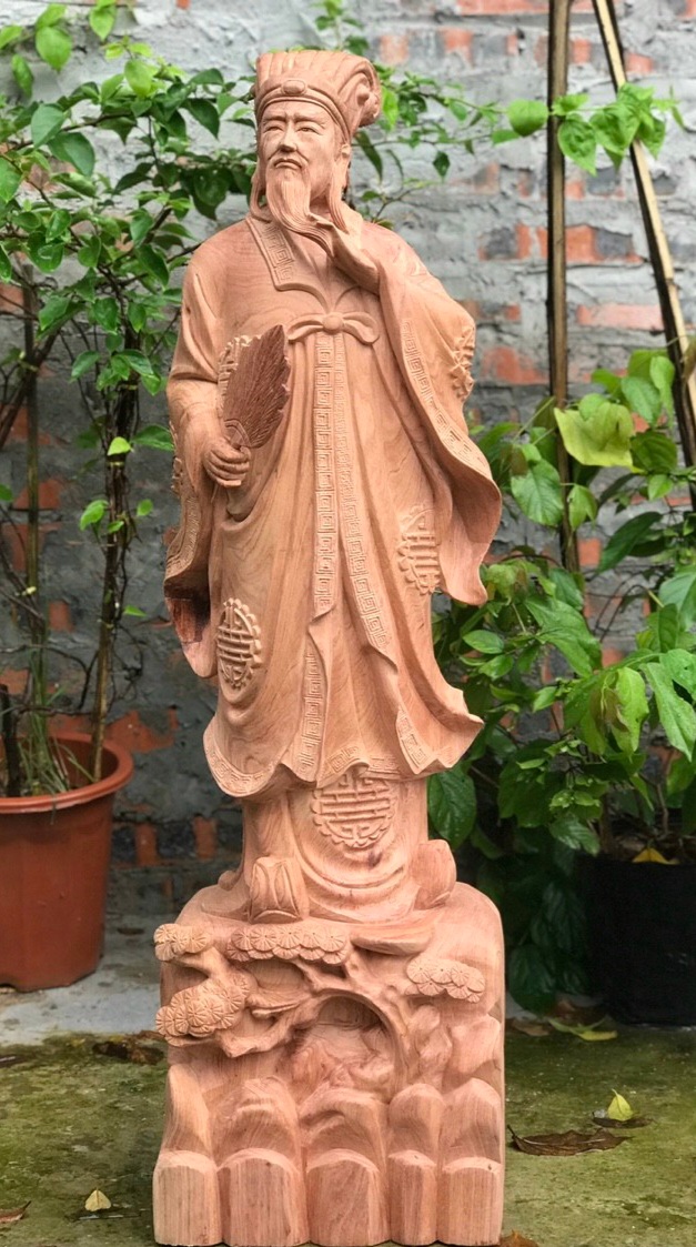 Tượng khổng minh (gia cát lượng) bằng gỗ hương đá liền khối cực đẹp kt cao 90×27×20cm