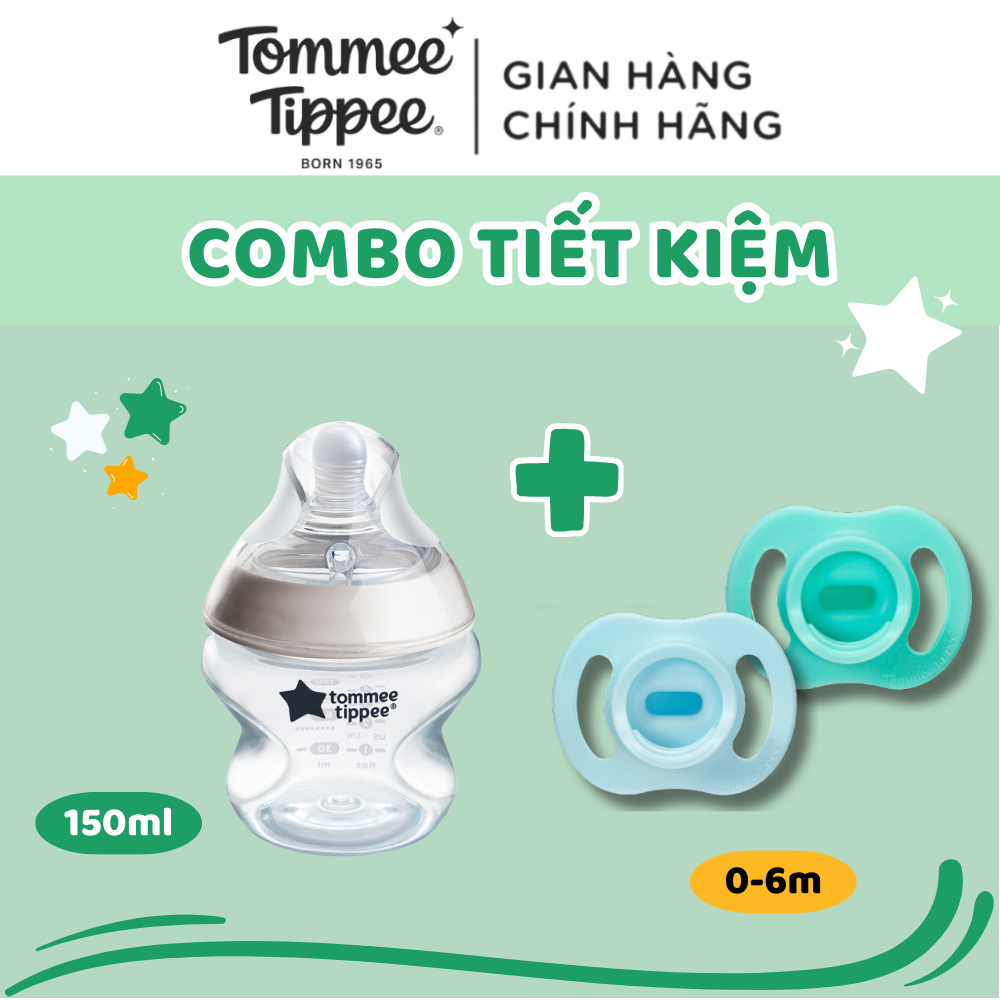 COMBO Ty Ngậm Silicon Siêu Nhẹ Cho Bé Tommee Tippee Ultra Light 0-6m & Bình Sữa Ty Siêu Mềm Tommee Tippee 150ml