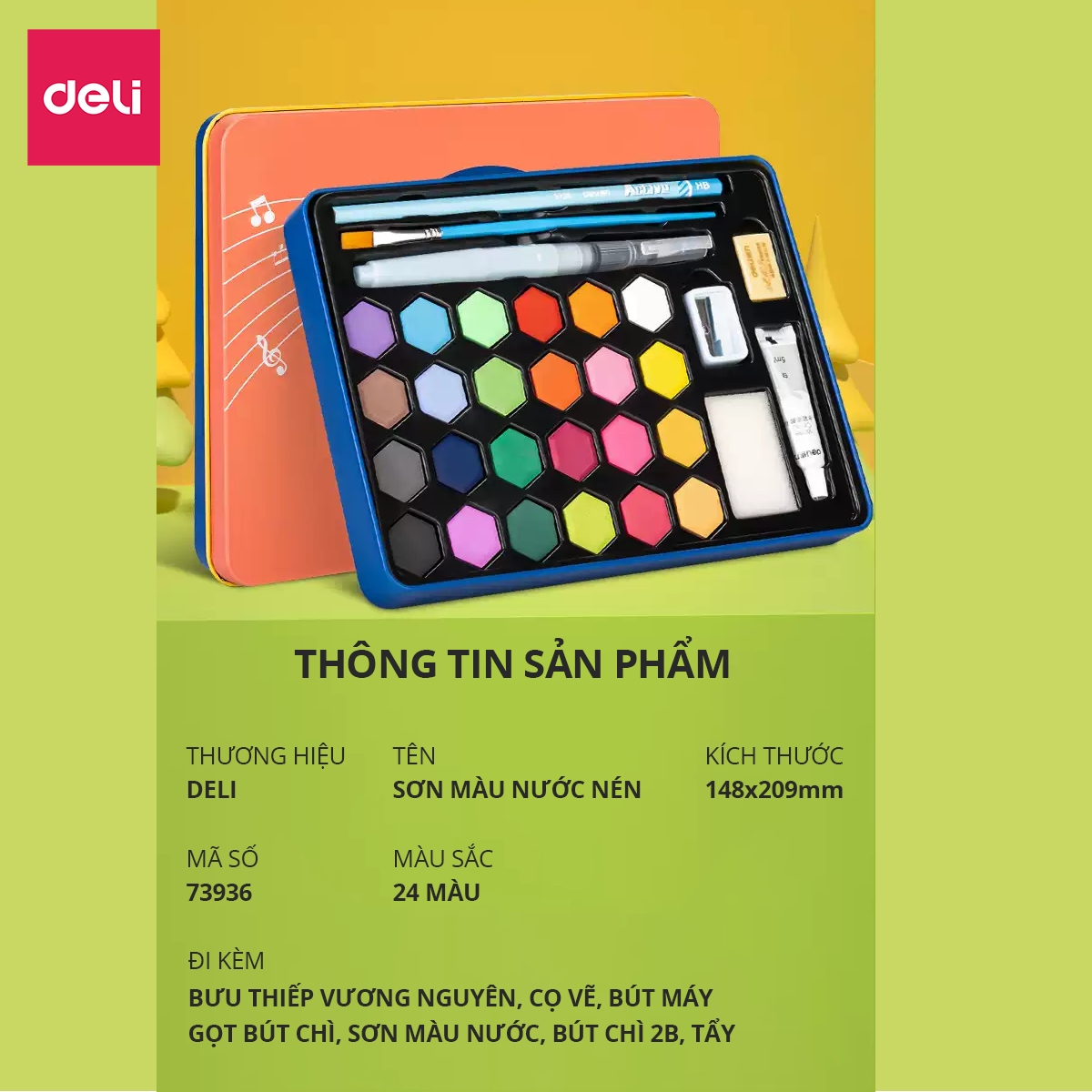 Bộ Màu Nước Nén Water Color Cao Cấp 24 36 48 Màu Tặng Bút Lông Nước, Mút, Cọ, Tẩy, Bút Chì, Gọt, Màu Trắng Deli - Chuyên Dùng Cho Học Sinh, Sinh Viên, Vẽ Mĩ Thuật Chuyên Nghiệp