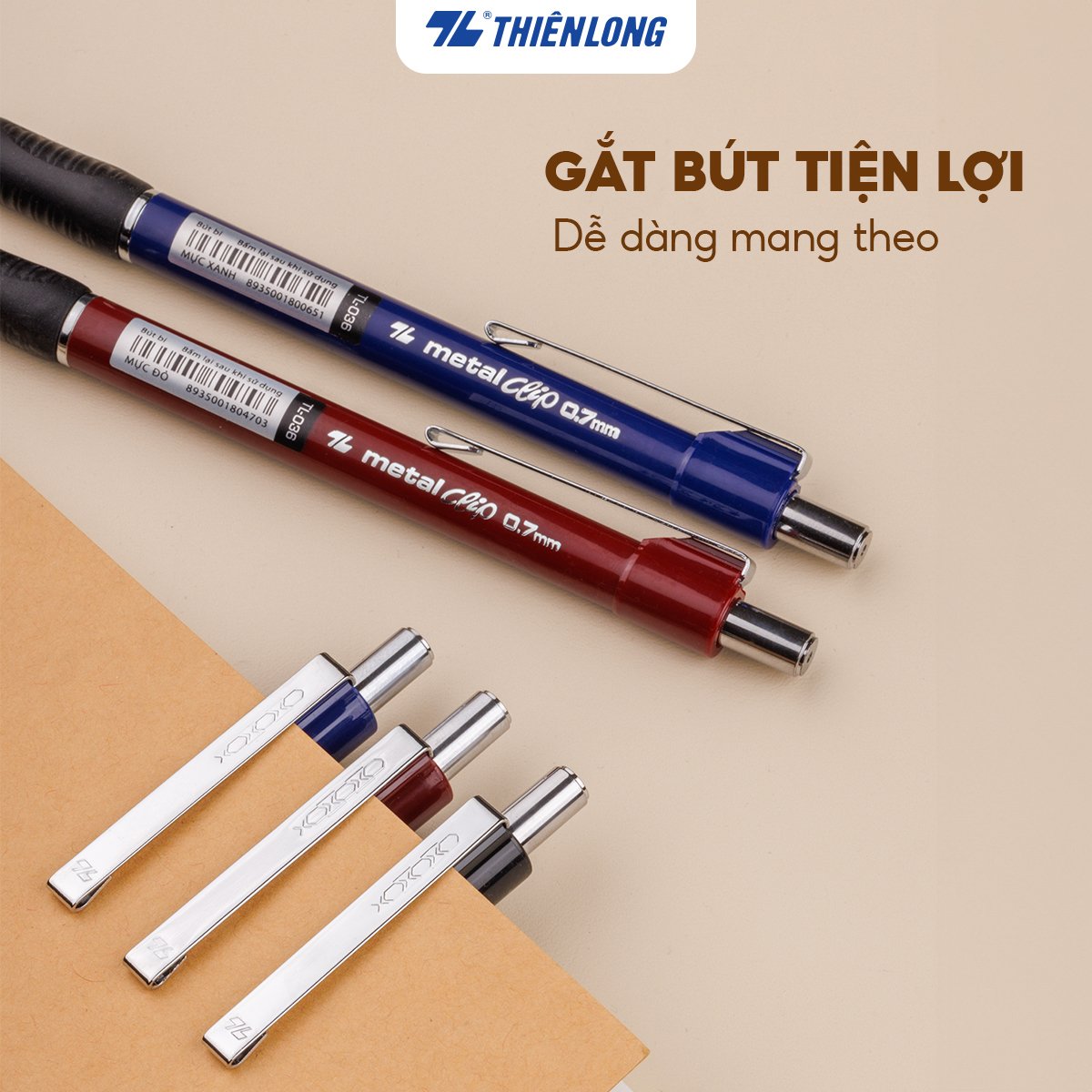 Combo 5-10-20 Bút Bi Thiên Long Metal Clip TL-036 đầu bi 0.7mm