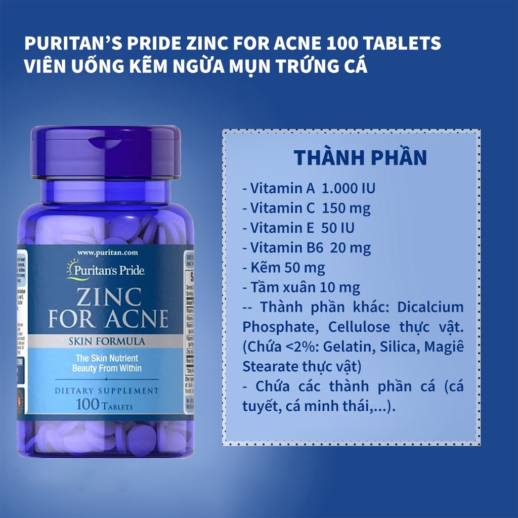 Kẽm hỗ trợ trị mụn, làm đẹp da mụn Puritan