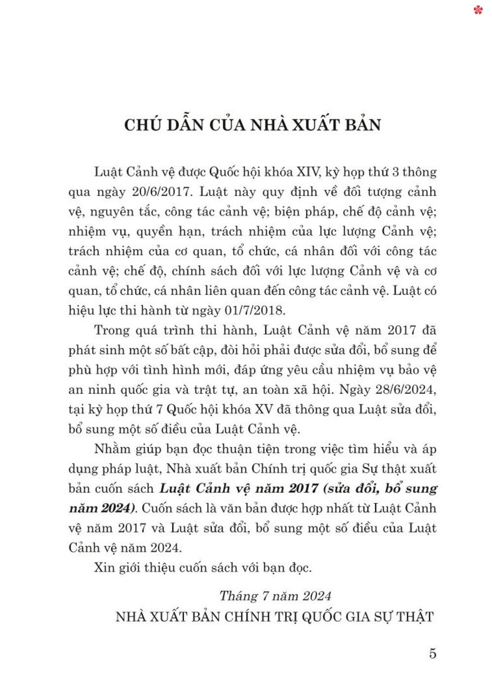 Luật cảnh vệ năm 2017 (sửa đổi,bổ sung năm 2024) - bản in 2024