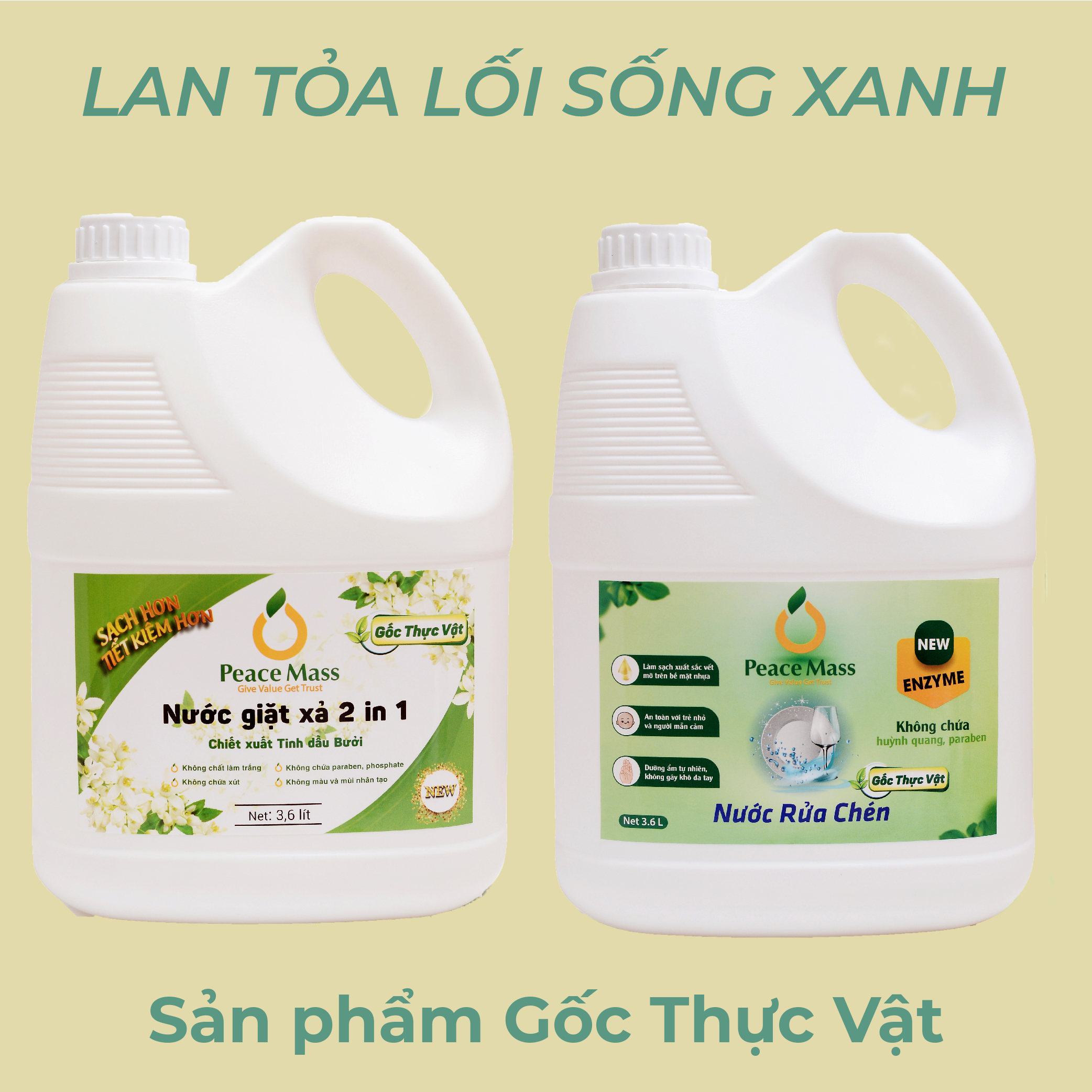 Combo Sản Phẩm Gốc Thực Vật Peace NGB3 Mass - Nước Giặt Xả 2 in 1 3.6l + Nước Rửa Chén 3.6 lít (Thuộc nhóm Sản phẩm Lành tính )