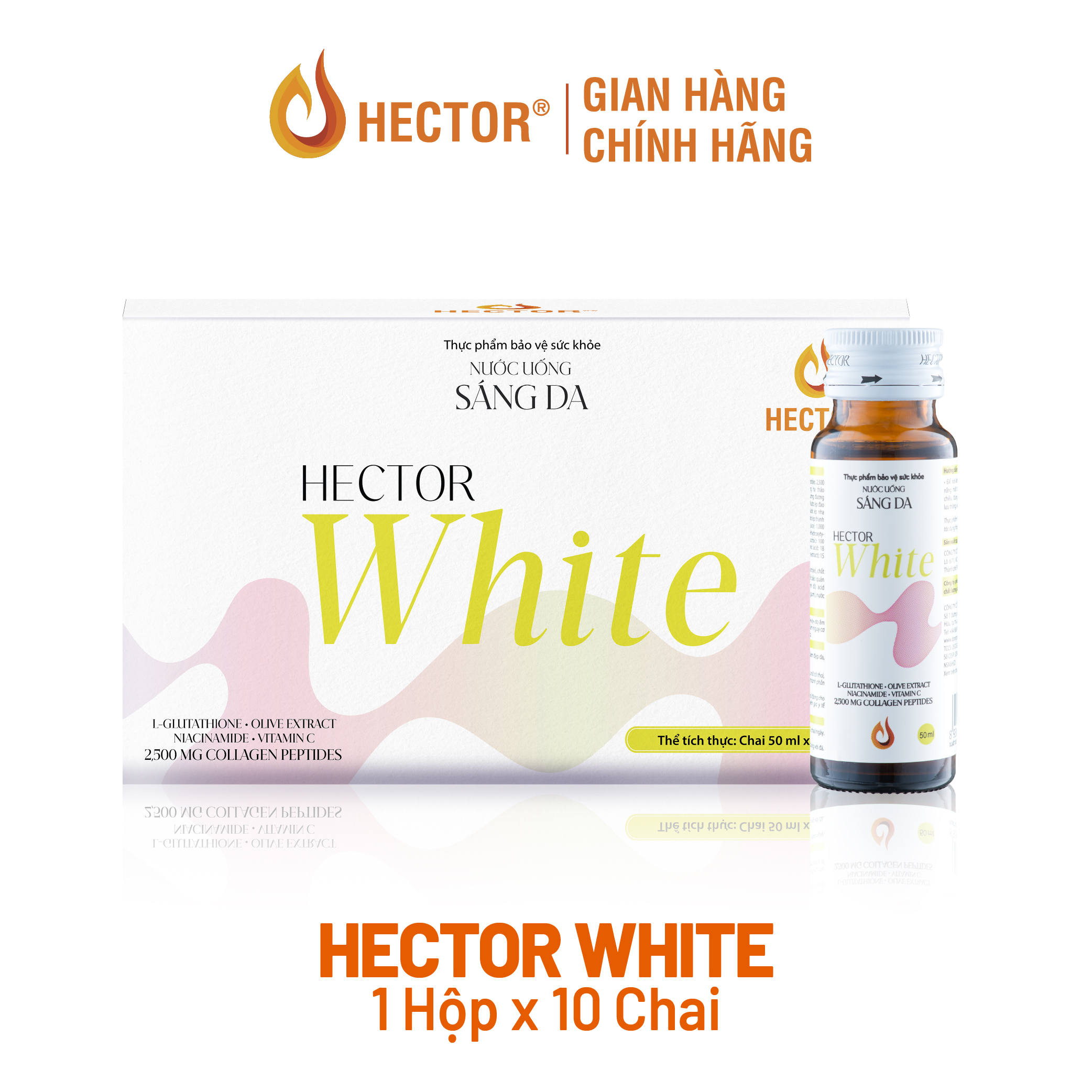 Nước uống sáng da Hector White hỗ trợ giúp da sáng đẹp và tăng độ đàn hồi (10 chai x 50ml)