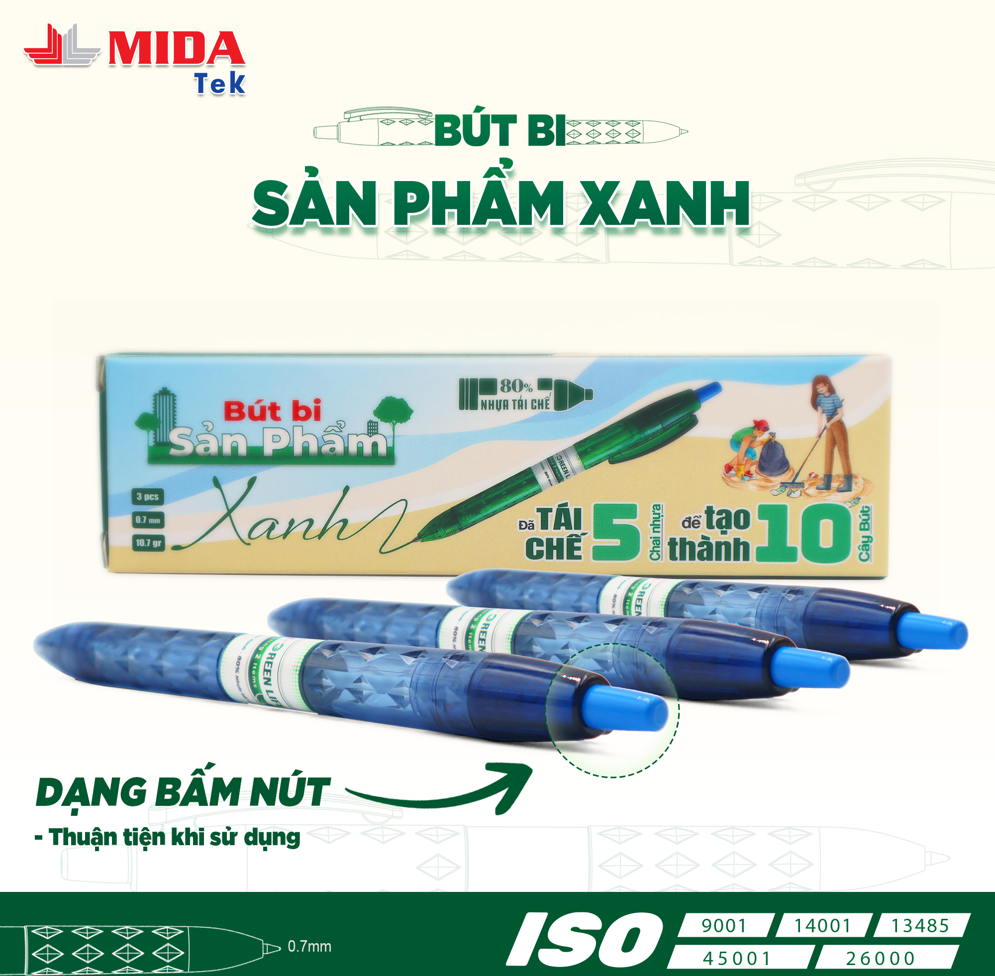 Bút bi xanh dương MIDATEK 3 cây/ hộp, nguyên liệu nhựa tái chế