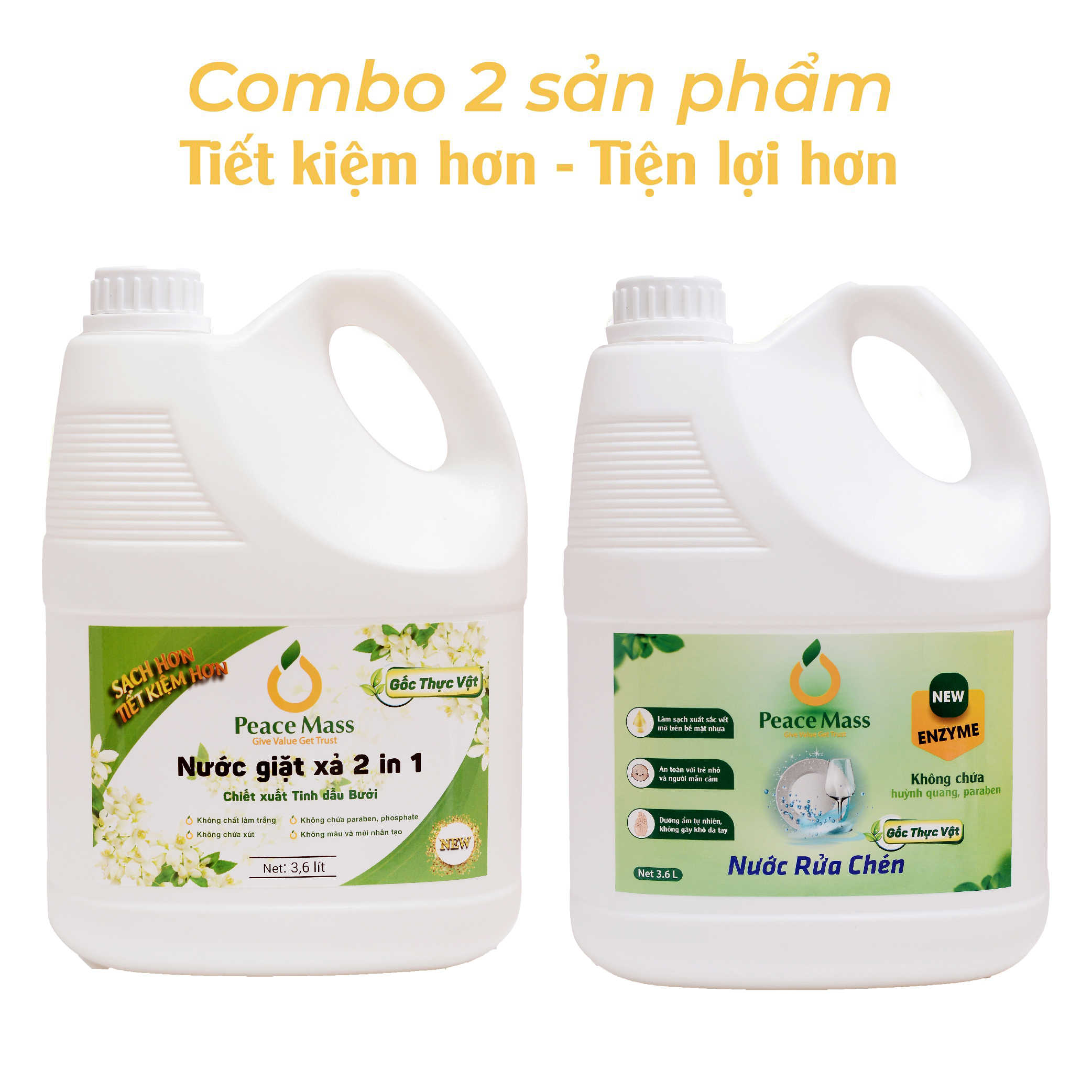 Combo Sản Phẩm Gốc Thực Vật Peace NGB3 Mass - Nước Giặt Xả 2 in 1 3.6l + Nước Rửa Chén 3.6 lít (Thuộc nhóm Sản phẩm Lành tính )