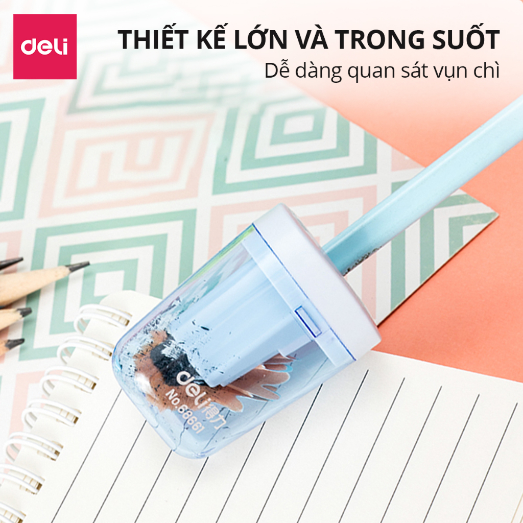 Gọt Bút Chì, Chuốt Bút Chì Mini DELI Lưỡi Thép Không Gỉ, Cắt Bén, Hạn Chế Gãy Ngòi Chì.
