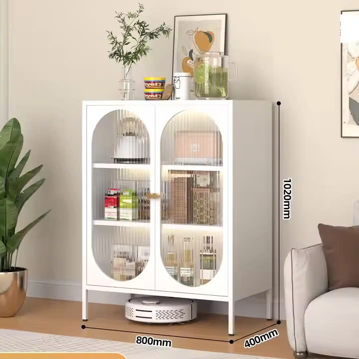 Tủ bếp hiện đại Bắc Âu Phòng ăn Phòng khách Tủ bếp màu trắng đen Cửa cong đôi trong suốt Tủ đựng đồ bằng thép
