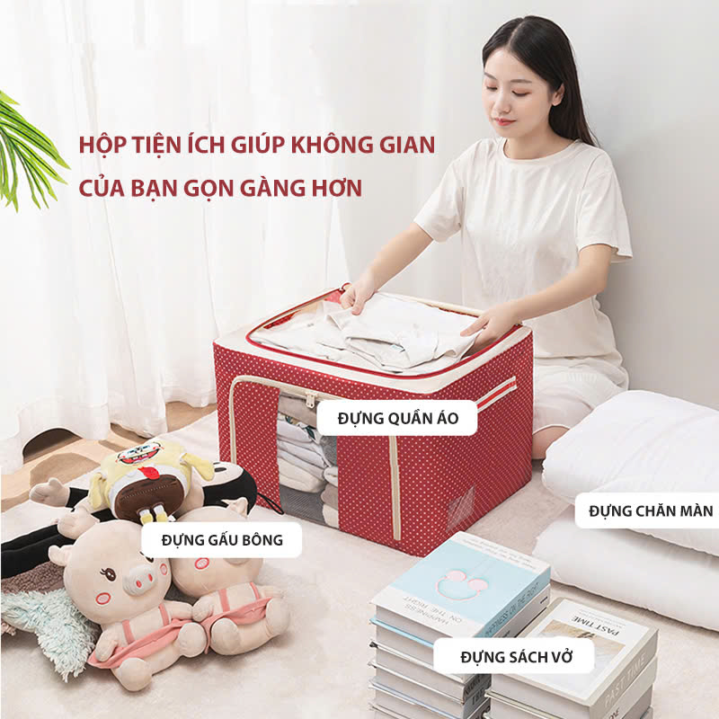 Túi vải đựng đồ quần áo khung thép chịu lực - Hộp đựng thú nhồi bông, sách vở, chăn màn, đồ chơi bằng vải- Tủ vải loại lớn 66L chính hãng LuckyDecor