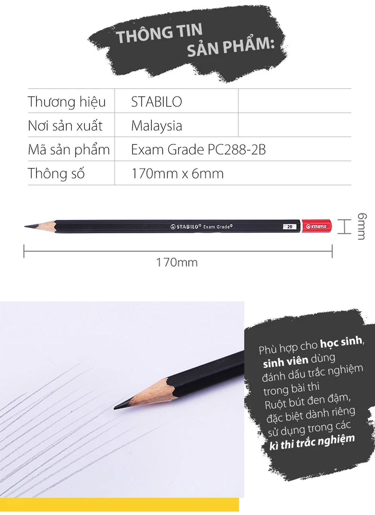 Bút chì gỗ STABILO Exam Grade 288 - Bút chì 2B thân tam giác đen đuôi màu (PC288T-AT-2B)