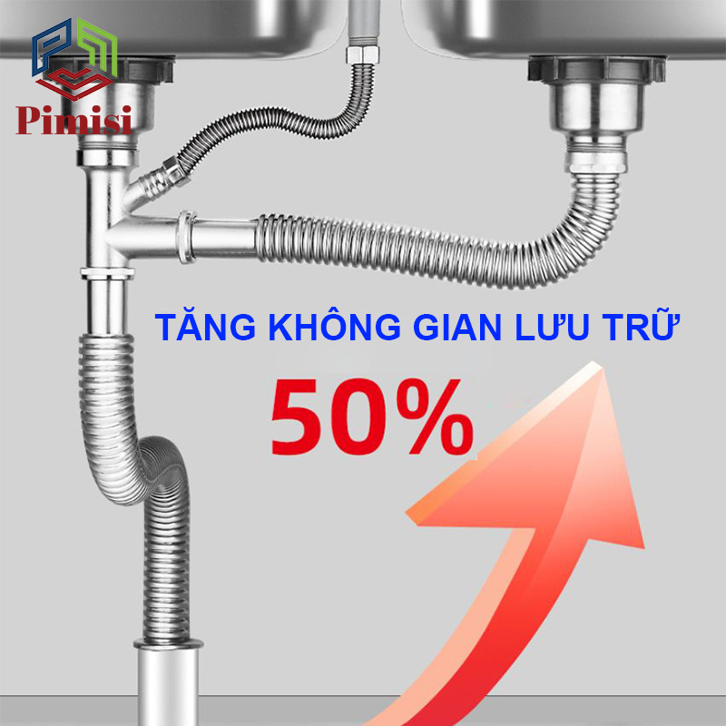 Xi Phông Chậu Rửa Bát Đôi Inox 304 Pimisi PXP-41-2 Cao Cấp Kiểu Chun Uốn - Kim Loại Bẻ Cong Được, Dùng Cả Nước Nóng Lạnh, Xả Thải Nước Bồn Rửa Chén 2 Hố Thu 11 cm - Thoát Nhanh, Chống Mùi Hôi Và Côn Trùng Gián, Chuột Cắn Phá - Có Thoát Tràn | Chính Hãng