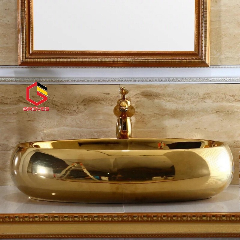CHẬU RỬA MẶT, LAVABO ELIP MẠ VÀNG CAO CẤP NHẬP KHẨU CHÍNH HÃNG GROVES 065v (58x38x15 cm) (CHẬU)