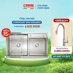 Chậu rửa bát Konox, Overmount Series, Model KN8248DO, Inox 304AISI tiêu chuẩn châu Âu, 820x480x228(mm), Full set gồm Siphon + giá úp bát inox, Hàng chính hãng