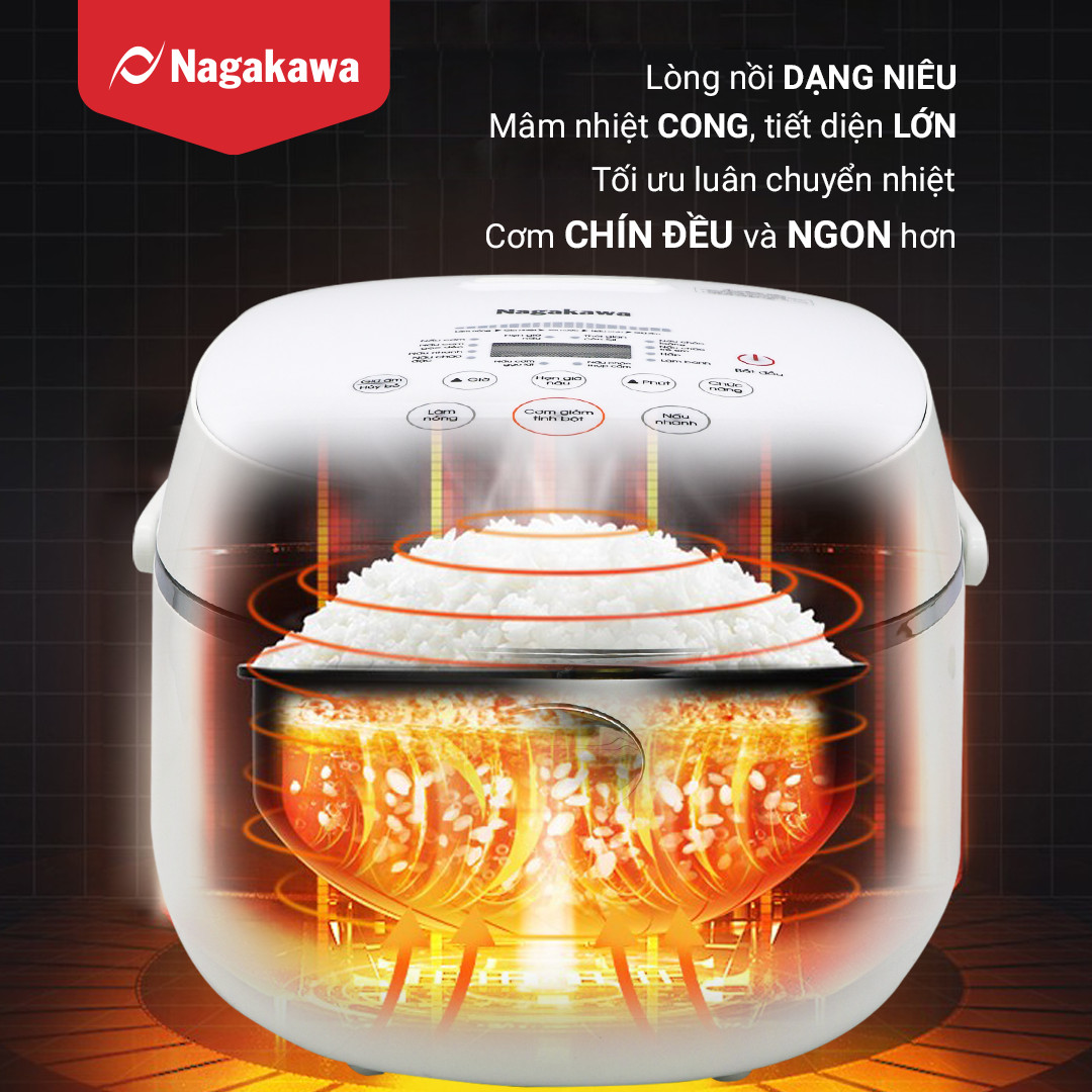 Nồi Cơm Điện Tử Cảm Ứng Nagakawa NAG0136 - Giảm tinh bột - Lòng niêu chống dính - 11 chức năng (1.2L - 500W) - Hàng Chính Hãng