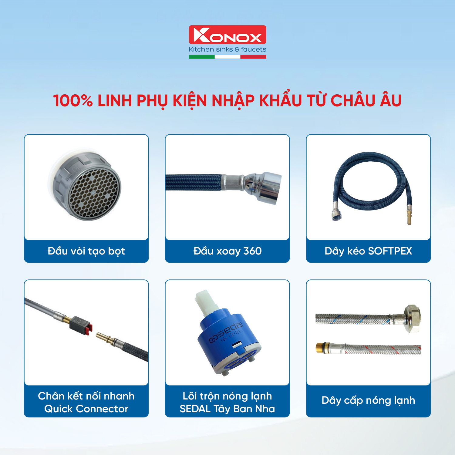 Vòi rửa bát kéo dây Konox, Model Ponte Chrome, 4 phiên bản màu, Bề mặt mạ PVD 5 lớp cao cấp, Lõi đồng tiêu chuẩn CW617N, Linh kiện phụ trợ dòng chảy nhập khẩu châu Âu, Bảo hành chính hãng 5 năm, Hàng chính hãng