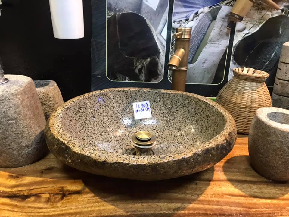 Combo Chậu đá tự nhiên, chậu rửa mặt đá, lavabo đá tự nhiên tây bắc, bền bỉ 1000 năm, đẹp, rất Việt Nam ( Chậu + Vòi + bộ xả)