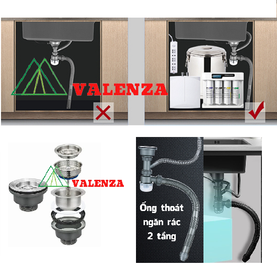 Chậu rửa bát 1 hố sus304 7546 Valenza dày 3li kèm vòi rửa bát rút dây nóng lạnh 01, bộ xả, khay inox, bình nước rửa chén, dụng cụ rửa ly cốc