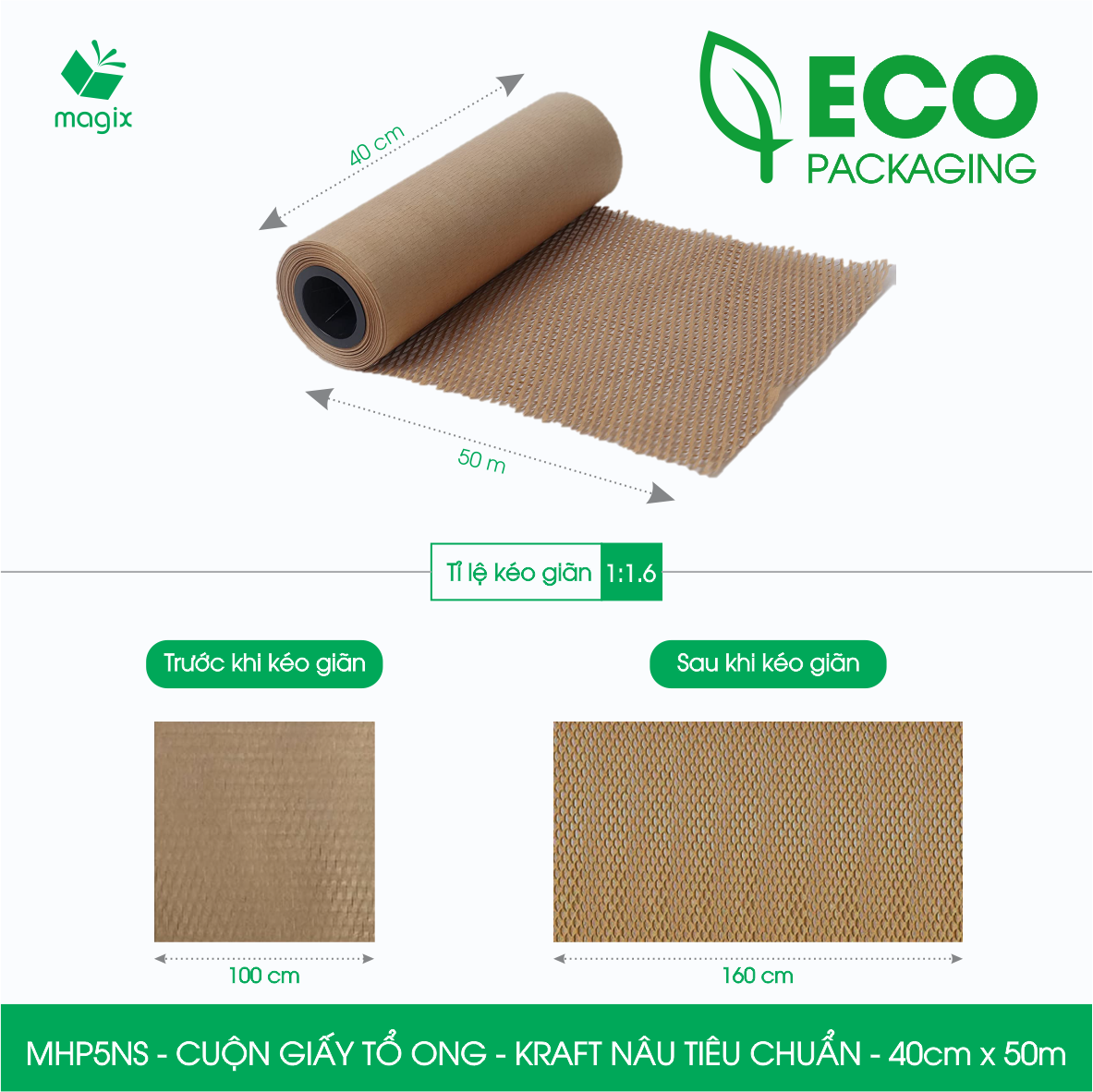 MHP5NS - 40cm x 50m - Cuộn giấy tổ ong chống sốc - Kraft nâu Tiêu Chuẩn - Giấy gói hàng, gói quà