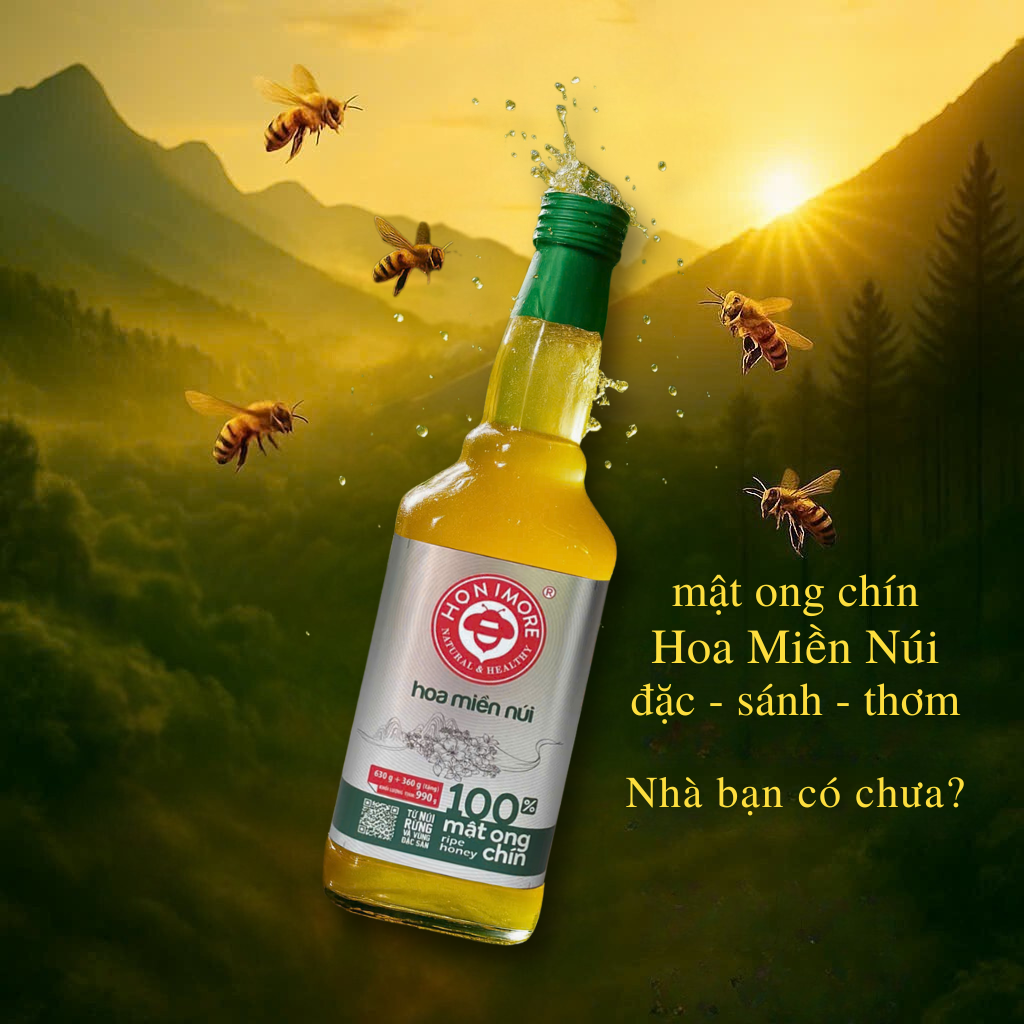 Combo Mật ong nguyên chất Hoa Miền Núi Honimore 630g/chai tặng 1 chai mật ong Hoa Vải Thiều 360g/chai - tăng sức đề kháng