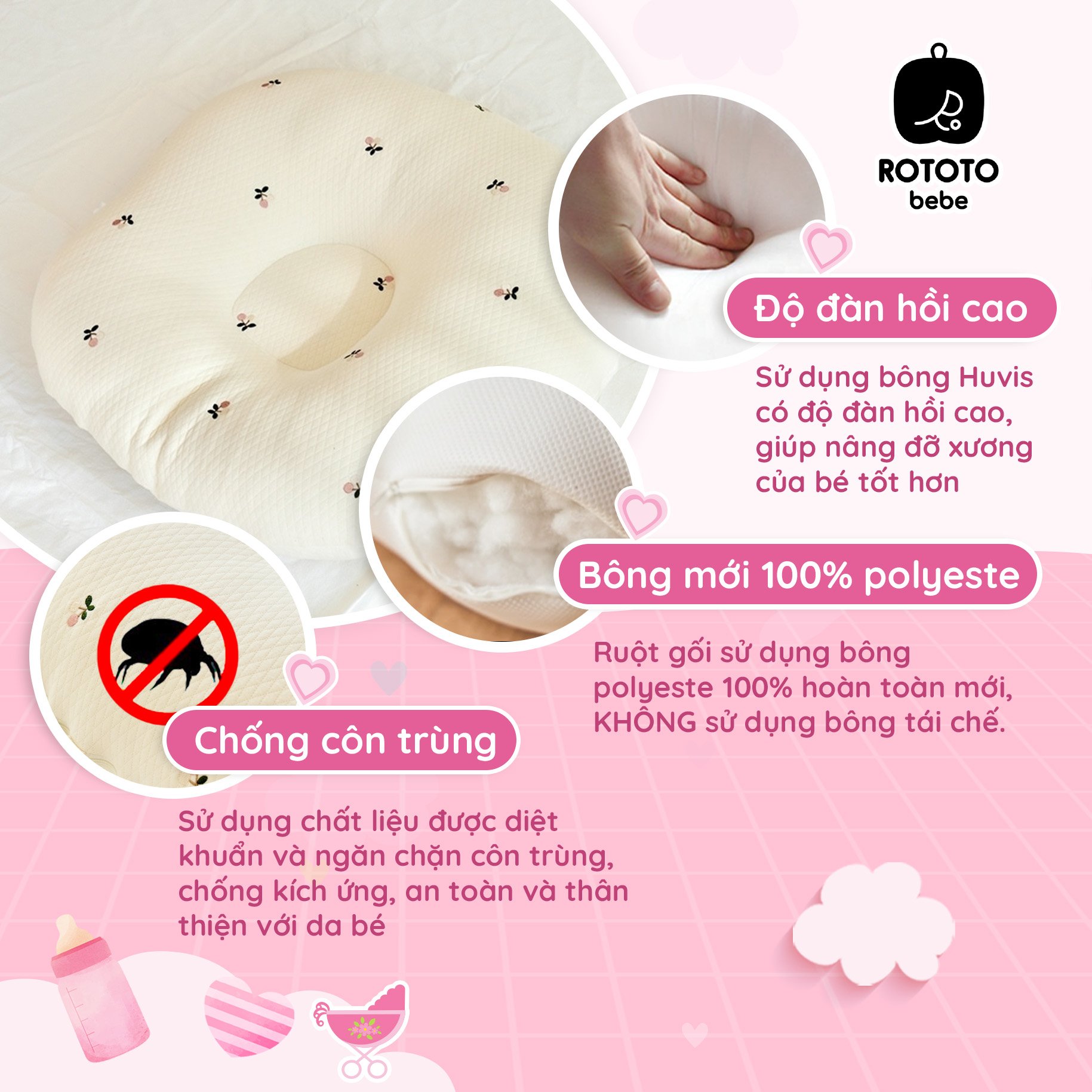 Gối chống trào ngược cho bé Rototo Bebe cao cấp nhập khẩu Hàn Quốc khắc phục tình trạng trào ngược dạ dày trẻ sơ sinh hiệu quả - Loại Cotton cao cấp mềm mại, thấm hút mồ hôi tốt