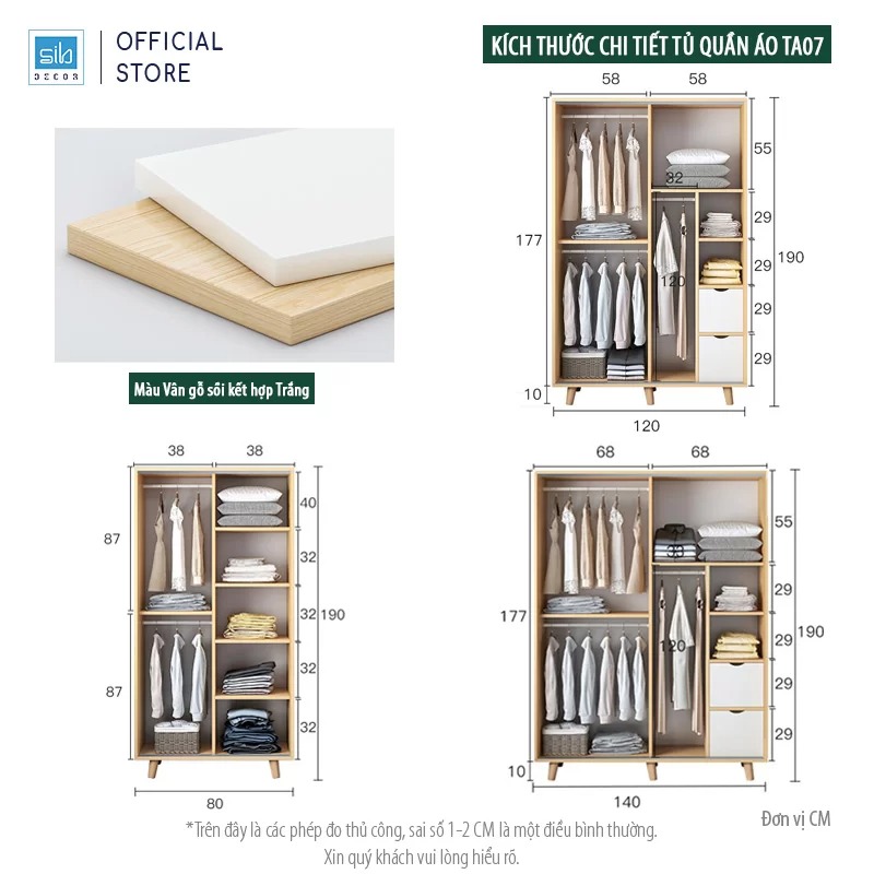 Tủ Quần Áo Kết Hợp Cửa Lùa Hiện Đại Màu Trắng Phối Vân Gỗ Sồi Thương Hiệu SIB Decor TA07